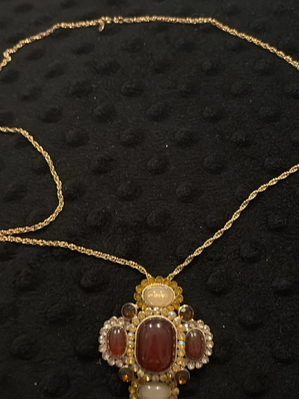 Byzantine Gold-Tone Brown Stone Cross Pendant Necklace and Brooch